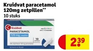 Drogisterij aanbieding in Wijk 00: Kruidvat paracetamol 120mg zetpillen", 