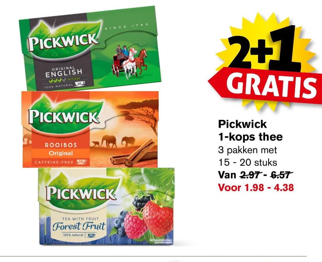 Ontvangende machine auditie een miljard Supermarkt aanbieding in Afrikaanderwijk: Pickwick 1-kops thee, 2+1 GRATIS  - Oozo.nl