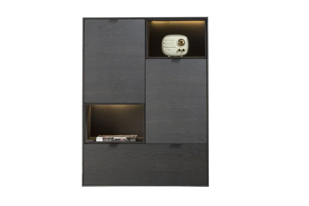 Wonen aanbieding in Geren: Elements, Highboard 90 Cm. - 2-Deuren + 1-Lade + 2-Niches + Led - Onyx, 