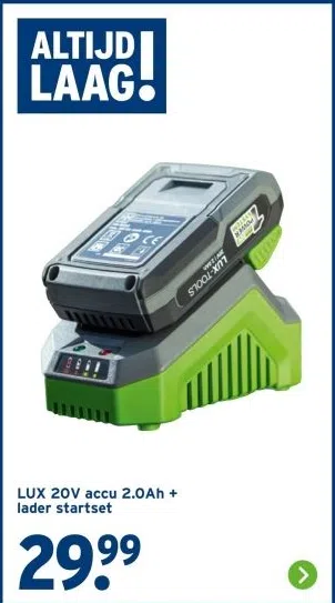Bouwmarkt aanbieding in Stichtsekant: LUX 20V accu 2.0Ah + lader startset, 