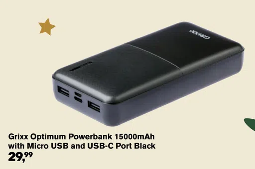 Grixx Optimum Powerbank 15000mAh with Micro USB and USB-C Port Black