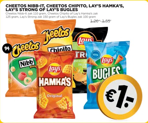 Cheetos nibb-it, cheetos chipito, lay's hamka's, lay's strong of lay's bugles