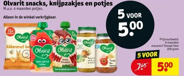 Drogisterij aanbieding in Verspreide huizen: Olvarit snacks, knijpzakjes en potjes, 