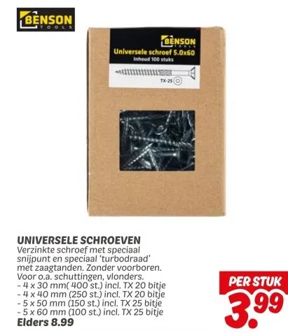Supermarkt aanbieding in Overwhere-Zuid: UNIVERSELE SCHROEVEN, 