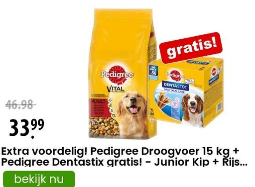 Extra voordelig! Pedigree Droogvoer 15 kg + Pedigree Dentastix gratis! - Junior Kip + Rijst - 15 kg