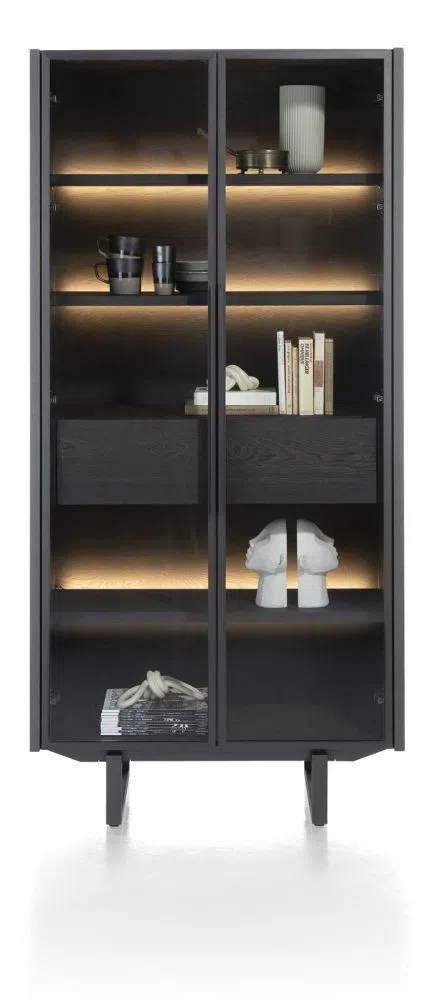 Wonen aanbieding in Hommerts: Modali, Vitrine 96 Cm - 2-Deuren + 1-Lade (+ LED) [Houten Legplanken] - Onyx, 