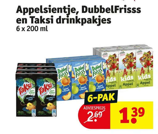 Appelsientje, DubbelFrisss en Taksi drinkpakjes 6 x 200 ml