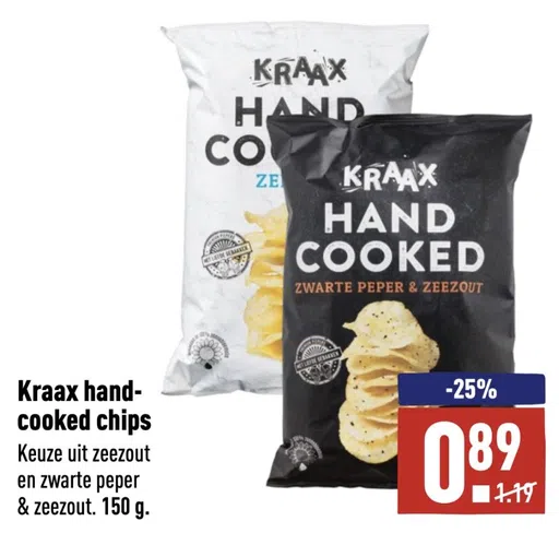 Kraax hand- cooked chips CO Keuze uit zeezout en zwarte peper & zeezout. 150 g.