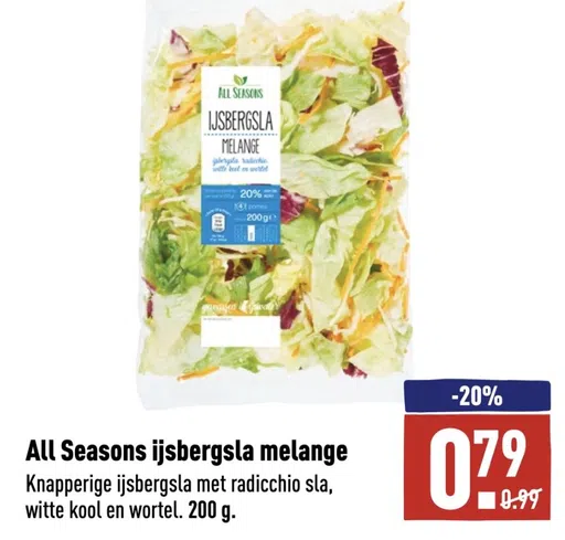 All Seasons ijsbergsla melange Knapperige ijsbergsla met radicchio sla, witte kool en wortel. 200 g.