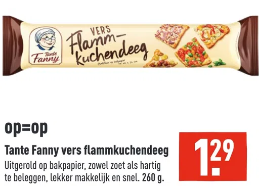 Tante Fanny vers flammkuchendeeg Uitgerold op bakpapier, zowel zoet als hartig te beleggen, lekker makkelijk en snel. 260 g.