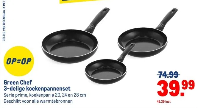 Supermarkt aanbieding in Crabbehof/Zuidhoven: Green Chef 3-delige koekenpannenset, 