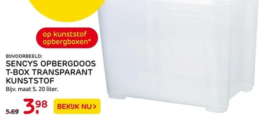 SENCYS OPBERGDOOS T-BOX TRANSPARANT KUNSTSTOF Bijv. maat S. 20 liter.