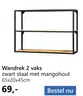 Wandrek 2 vaks zwart staal met mangohout 65x20x45cm