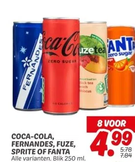 Supermarkt aanbieding in Almere Pampus: COCA-COLA, FERNANDES, FUZE, SPRITE OF FANTA Alle varianten. Blik 250 ml., 