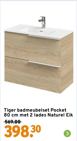Bouwmarkt aanbieding in Boekelo: Tiger badmeubelset Pocket 80 cm met 2 lades Naturel Eik, 