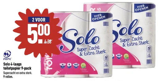 Solo 4-laags toiletpapier 9-pack Superzacht en extra sterk.