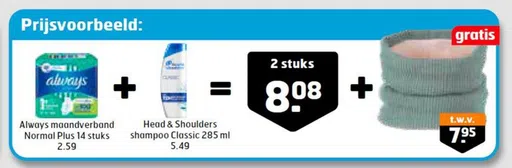 Always maandverband Normal Plus 14 stuks 2.59 + Head & Shoulders shampoo Classic 285 ml 5.49