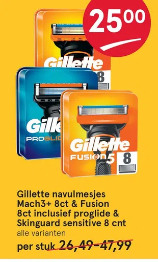 Gillette navulmesjes Mach3+ 8ct & Fusion 8ct inclusief proglide & Skinguard sensitive 8 cnt