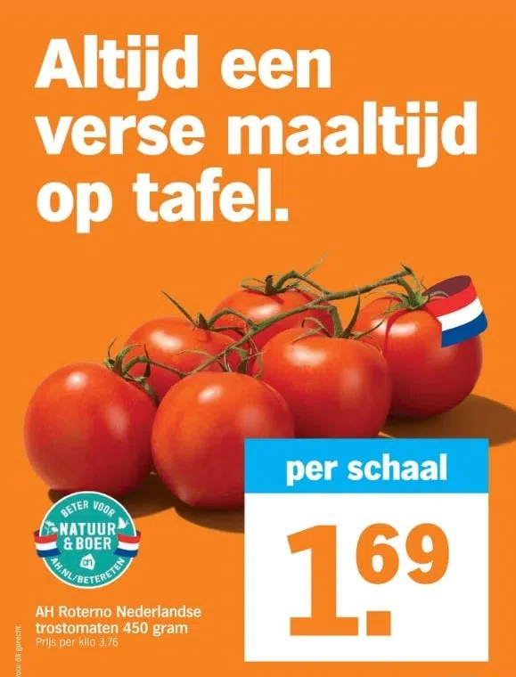 insect achtergrond Verhuizer Supermarkt aanbieding in Yerseke: AH Roterno Nederlandse trostomaten 450  gram Prijs per kilo 3.76, - Oozo.nl