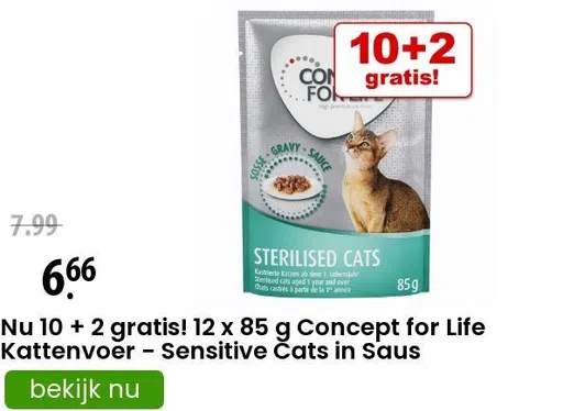 Nu 10 + 2 gratis! 12 x 85 g Concept for Life Kattenvoer - Sensitive Cats in Saus