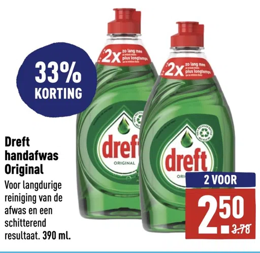 Dreft handafwas Original Voor langdurige reiniging van de afwas en een schitterend resultaat. 390 ml.