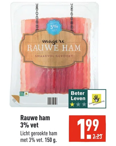 Rauwe ham 3% vet Licht gerookte ham met 3% vet. 150 g.