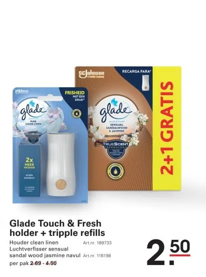 Supermarkt aanbieding in Maaswaard: Glade Touch & Fresh holder + tripple refills, 