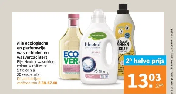 Supermarkt aanbieding in Velp-Zuid ten zuiden van Waterstraat: Alle ecologische en parfumvrije wasmiddelen en wasverzachters, 