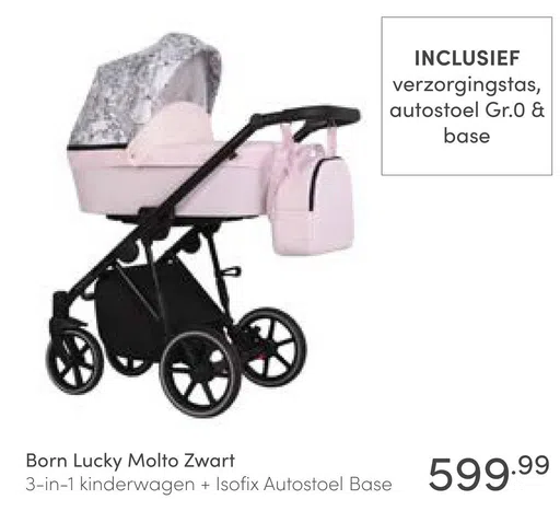 Born Lucky Molto Zwart 3-in-1 kinderwagen + Isofix Autostoel Base