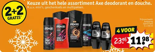 Keuze uit het hele assortiment Axe deodorant en douche.